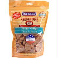 Rose Chloe Smokehouse Pet Products USA Prime Chips dog treats in resealable bag, showing crispy, golden treats for dogs.