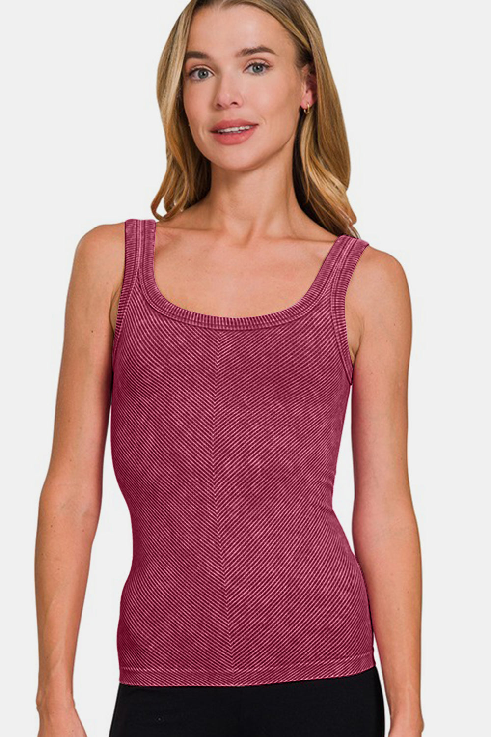 Ribbed scoop neck tank top by Jade Icarus, featuring a fitted design with textured fabric, displayed on a mannequin.