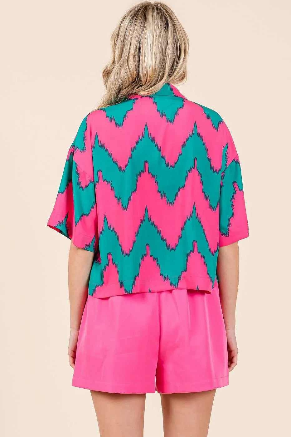 Carmine Juneberry Mittoshop chevron print short sleeve crop shirt, stylish gift with bold geometric pattern and modern design.