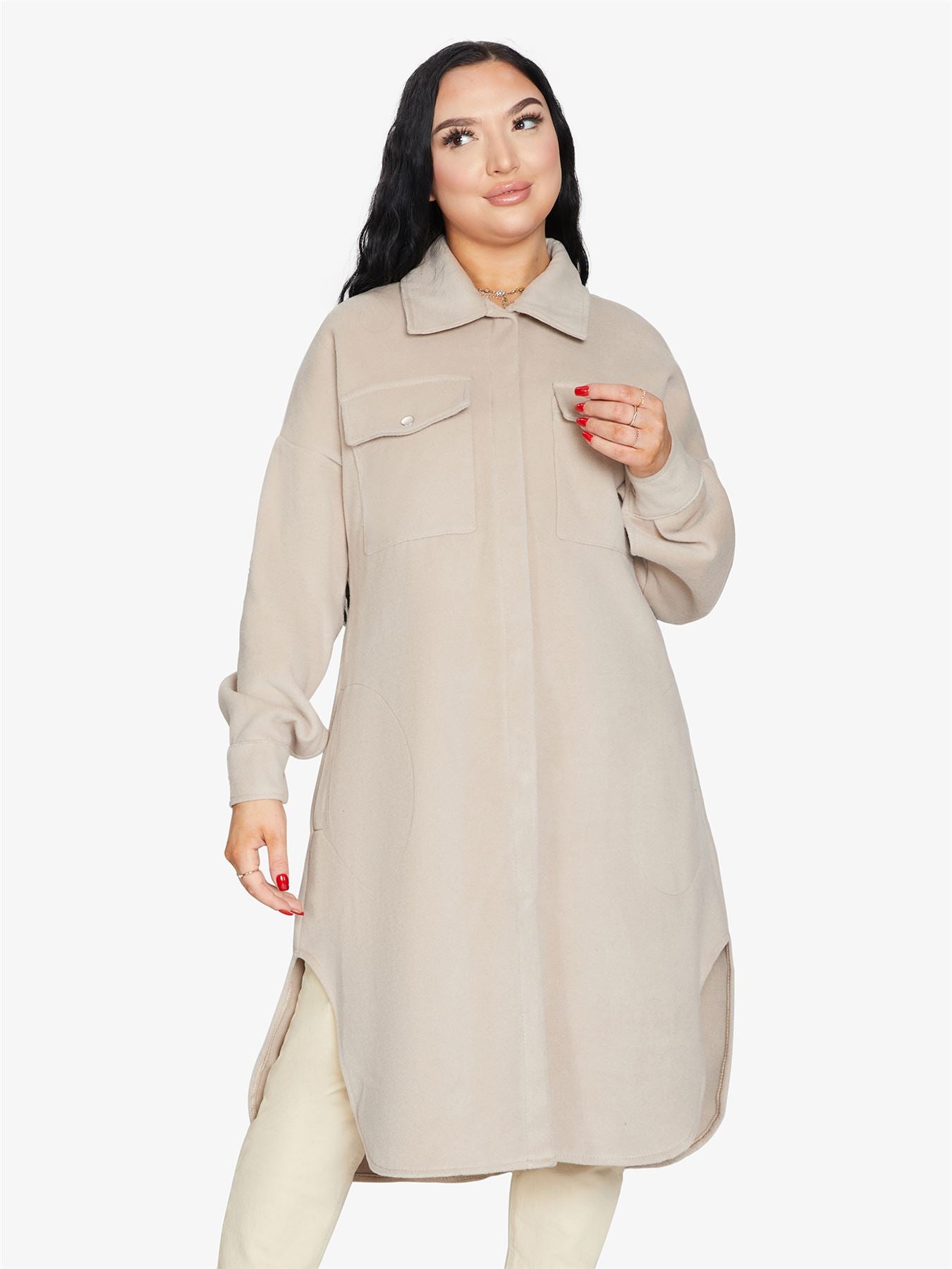 Rose Eleusis oversized longline shacket in neutral fabric, displayed hanging with a relaxed fit and button details.