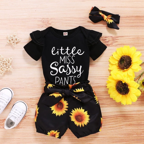 SunnyBloom™ baby girl sunflower outfit by Carmine Juneberry, featuring a cheerful 3-piece floral clothing set for infants.
