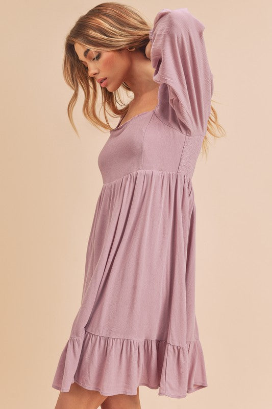 Jade Icarus Aemi + Co ruffled hem square neck balloon sleeve mini dress, stylish fashion with ruffled details and balloon sleeves.