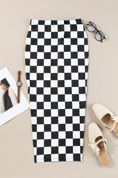 Byzantium Bay checker side slit high waist midi skirt for women, featuring a stylish design and comfortable fit.
