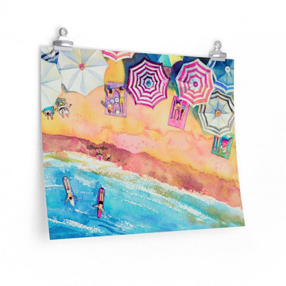 Colorful Day at the Beach premium matte horizontal poster by Yellow Pandora, featuring vibrant beach scene for home decor.