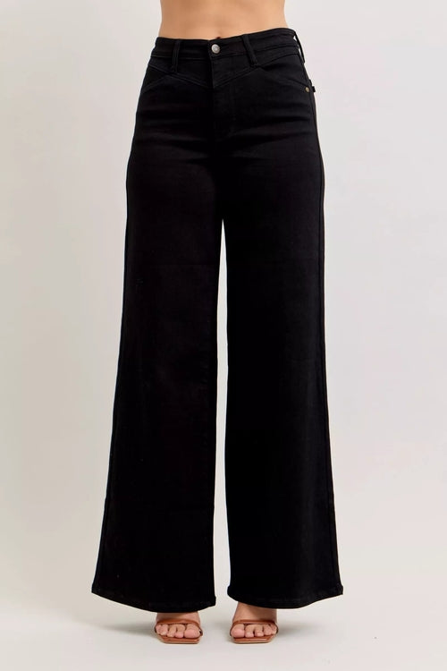 Pear Daisy Judy Blue high-waisted wide-leg jeans, showcasing the stylish denim with a relaxed fit and classic five-pocket design.