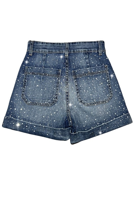 Willow Rhinestone Denim Shorts in Medium Wash by Jade Icarus, featuring rhinestone embellishments and casual denim style.