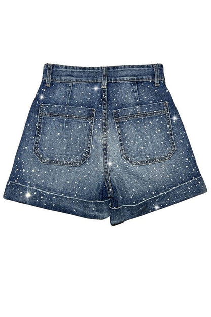 Willow Rhinestone Denim Shorts in Medium Wash by Jade Icarus, featuring rhinestone embellishments and casual denim style.