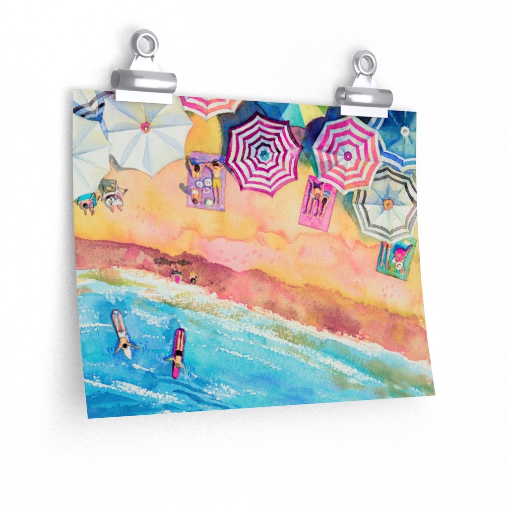 Colorful Day at the Beach premium matte horizontal poster by Yellow Pandora, showcasing vibrant beach scene art for home decor.