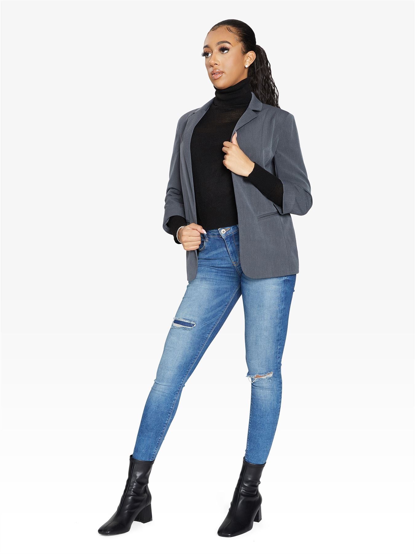Rose Eleusis Edge To Edge blazer displaying a tailored jacket with sleek design and professional fit.