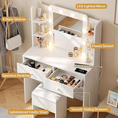 White Vanity Desk With Comprehensive Storage Mirror