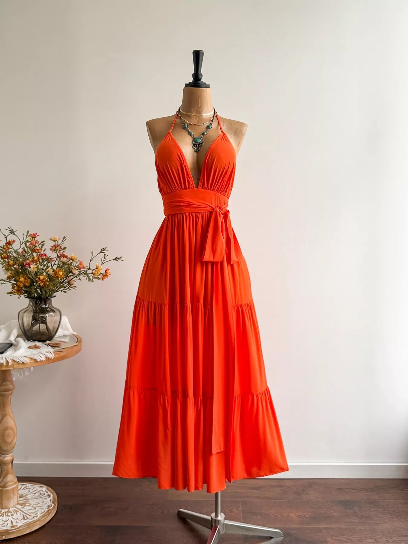 Pear Daisy halter neck tiered dress, stylish home and garden apparel with a flowing, tiered design and halter neckline.