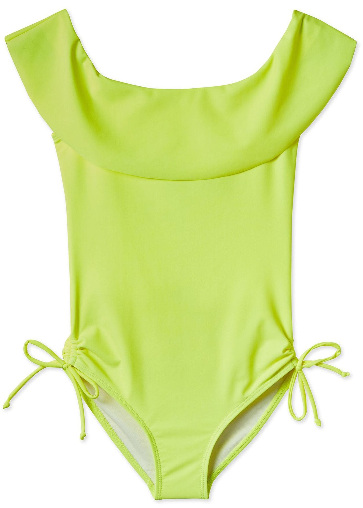 Bright neon yellow draped swimsuit for girls by Ivory Trillium, featuring a stylish and comfortable beachwear design.