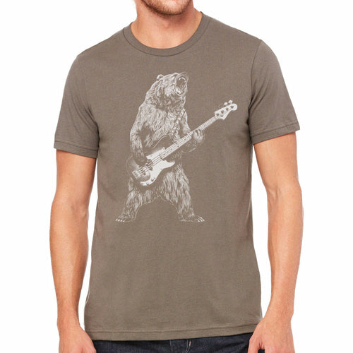 Indigo Tiger T-shirt featuring a playful bear playing a bass guitar, showcasing fun, colorful graphic design on the front.