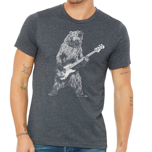 Heather charcoal T-shirt featuring a playful bear illustrated while playing a bass guitar, by Indigo Tiger.