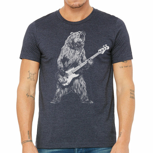 Indigo Tiger T-shirt featuring a bear playing bass guitar in a heather navy color, casual and stylish graphic apparel.