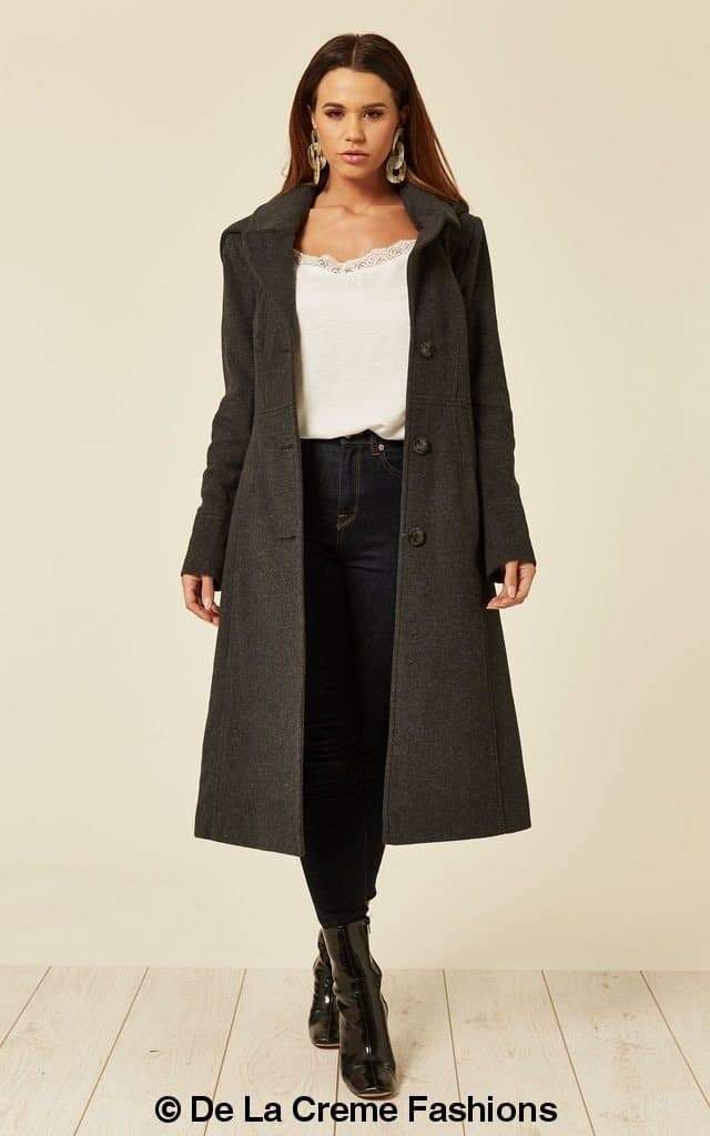 Beatrice Rose Eleusis wool blend hooded mid-length coat with front pockets and a relaxed fit, displayed on a hanger.
