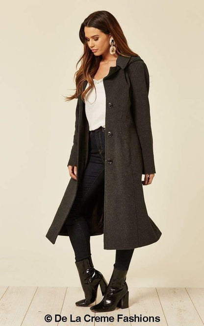 Beatrice wool blend hooded mid-length coat by Rose Eleusis, featuring a cozy design with a hood and tailored fit.