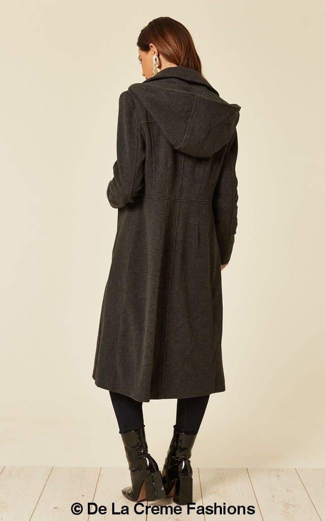 Beatrice Wool Blend Hooded Mid-Length Coat by Rose Eleusis, featuring a cozy wool and cashmere fabric with a front zipper and hood.