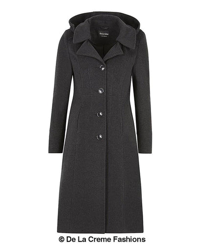 Beatrice wool blend hooded mid-length coat by Rose Eleusis featuring a cozy design and neutral color, perfect for layered winter wear.