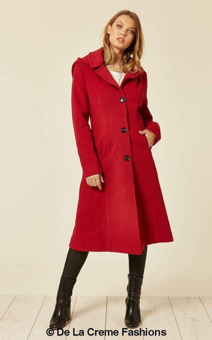 Beatrice Rose Eleusis wool blend hooded mid-length coat with front pockets and a cozy, tailored fit.