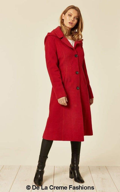 Beatrice Wool Blend Hooded Mid Length Coat by Rose Eleusis, showing the soft wool-cashmere fabric and hooded design.