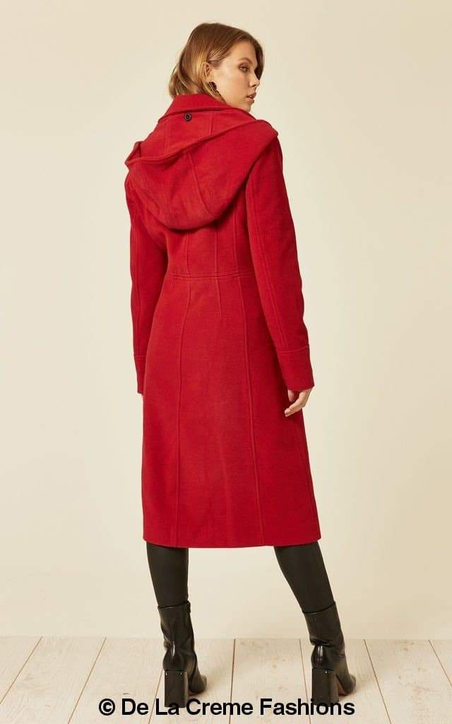 Beatrice Wool Blend Hooded Mid Length Coat by Rose Eleusis, featuring a cozy hood and stylish mid-length design in wool and cashmere.