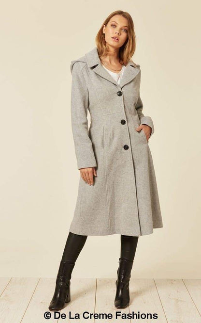 Beatrice Wool Blend Hooded Mid-Length Coat by Rose Eleusis featuring a cozy wool and cashmere fabric with a hood and tailored fit.