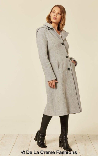 Beatrice Wool Blend Hooded Mid-Length Coat by Rose Eleusis featuring a cozy wool and cashmere blend fabric and a hooded design.