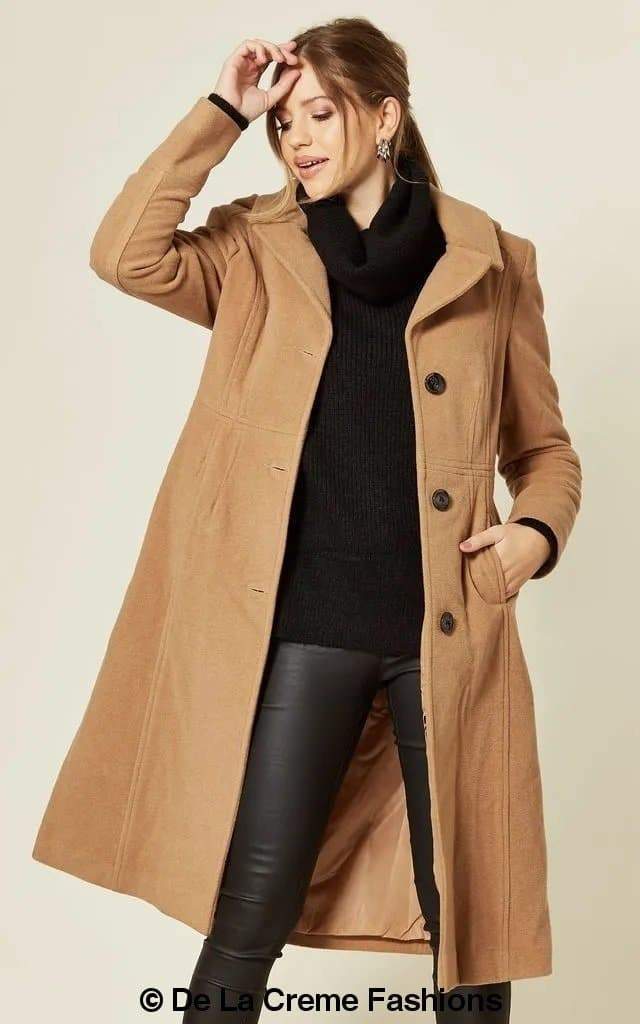 Beatrice Rose Eleusis wool blend hooded mid-length coat with front pockets, shown on a model against a neutral background.