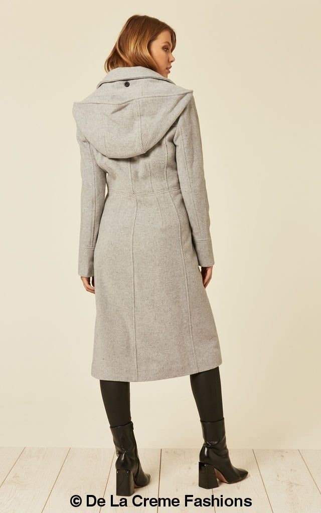 Beatrice Wool Blend Hooded Mid Length Coat by Rose Eleusis, featuring a cozy wool and cashmere blend with a hood and tailored fit.