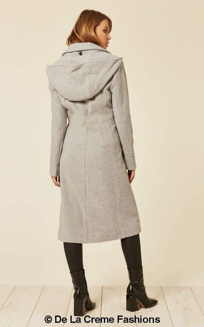 Beatrice Wool Blend Hooded Mid Length Coat by Rose Eleusis, featuring a cozy wool and cashmere blend with a hood and tailored fit.
