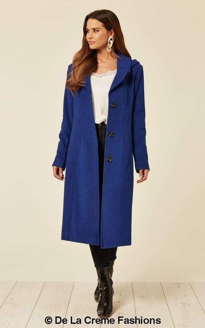 Beatrice Wool Blend Hooded Mid-Length Coat by Rose Eleusis, shown in a cozy wool and cashmere fabric with a hood and tailored fit.