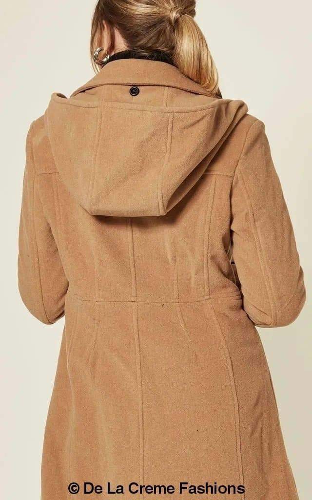 Beatrice Rose Eleusis wool blend hooded mid-length coat with front pockets and a cozy, stylish design for fall and winter wear.