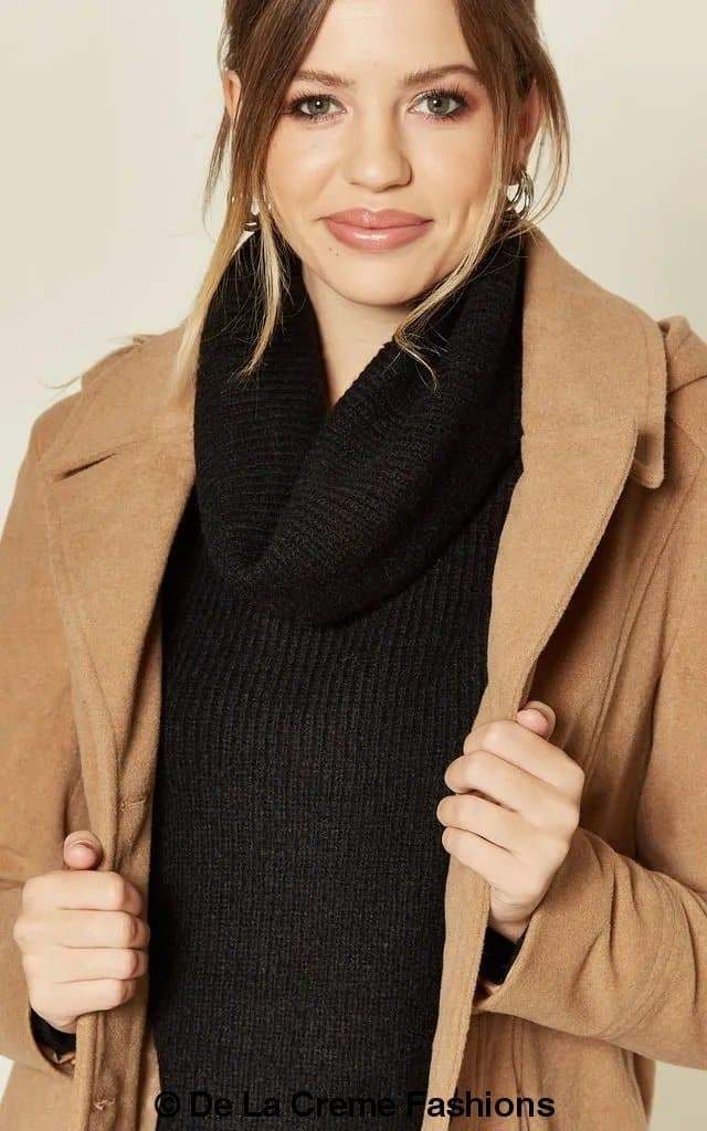 Beatrice Rose Eleusis wool blend hooded mid-length coat in neutral tones, displayed on a hanger.