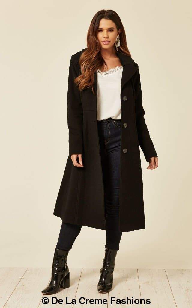 Beatrice Wool Blend Hooded Mid-Length Coat by Rose Eleusis, featuring a cozy wool and cashmere fabric, hooded design, and stylish fit.