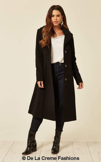 Beatrice Wool Blend Hooded Mid-Length Coat by Rose Eleusis, featuring a cozy wool and cashmere fabric, hooded design, and stylish fit.
