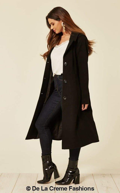 Beatrice wool blend hooded mid-length coat by Rose Eleusis, shown in a stylish, cozy design with a hood and tailored fit.