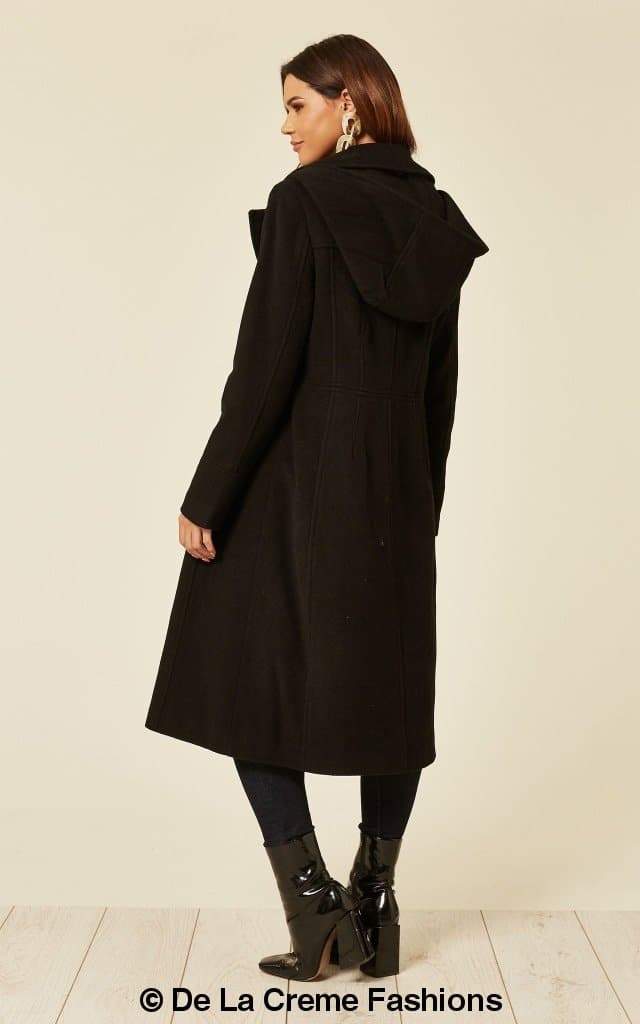 Beatrice Wool Blend Hooded Mid-Length Coat by Rose Eleusis, shown in a cozy wool and cashmere fabric with a hood and classic design.