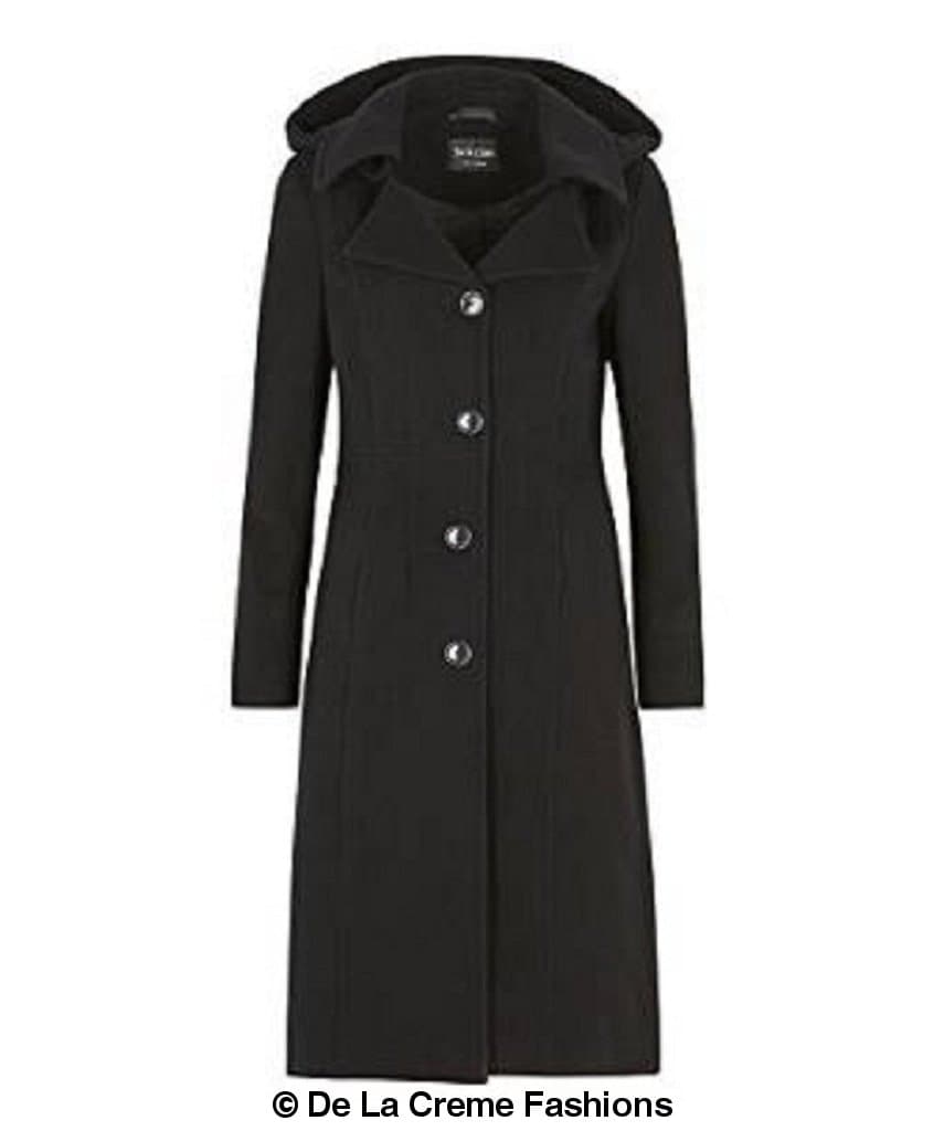 Beatrice wool blend hooded mid-length coat by Rose Eleusis, featuring a cozy wool and cashmere fabric with a hood and classic design.