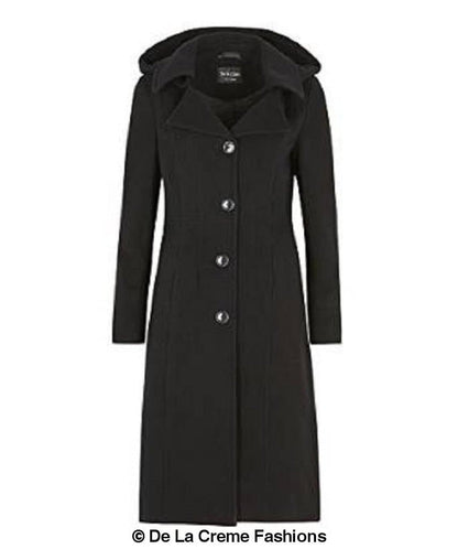Beatrice wool blend hooded mid-length coat by Rose Eleusis, featuring a cozy wool and cashmere fabric with a hood and classic design.