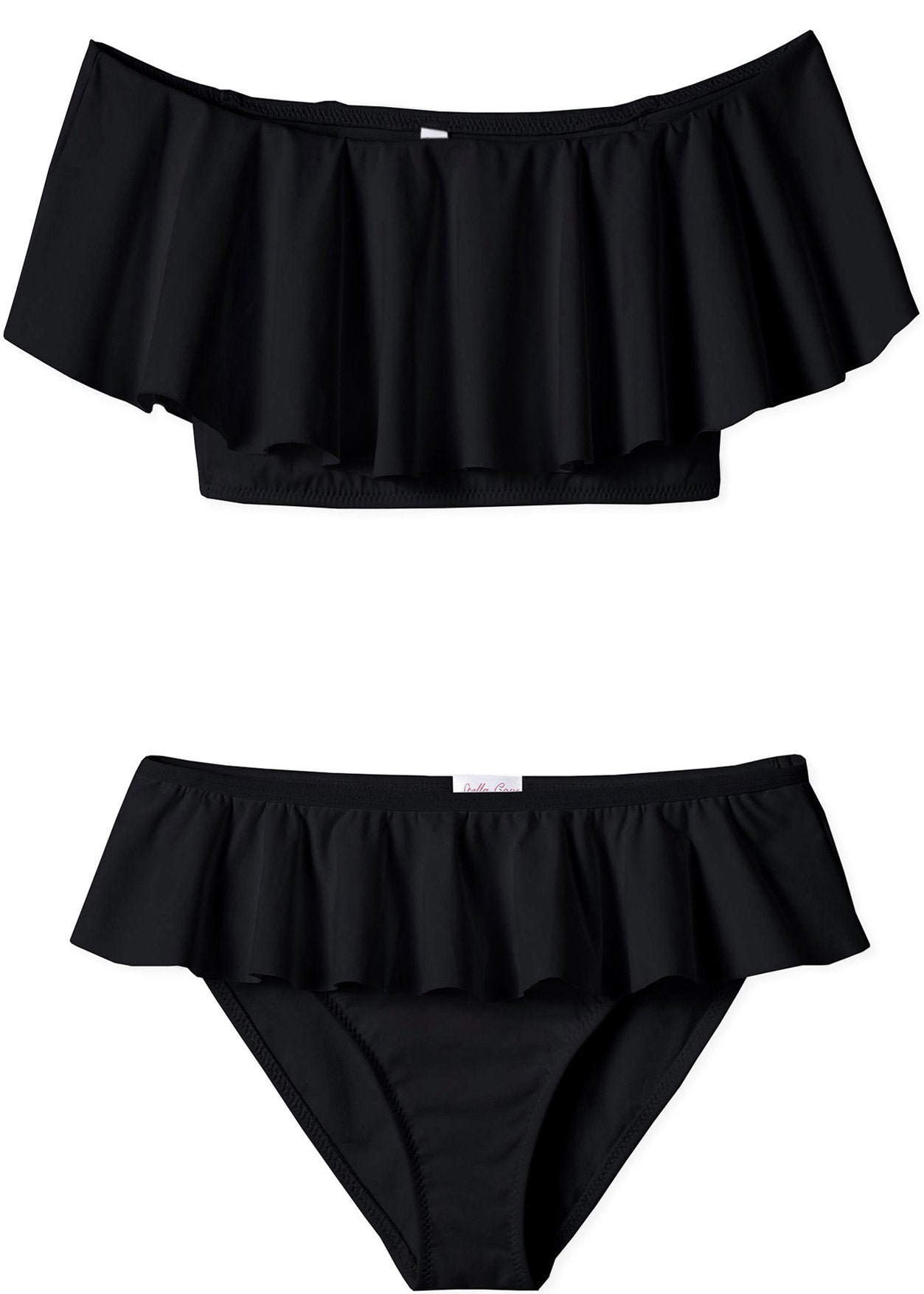 Black draped bikini for girls by Ivory Trillium, featuring a stylish and comfortable design for kids&