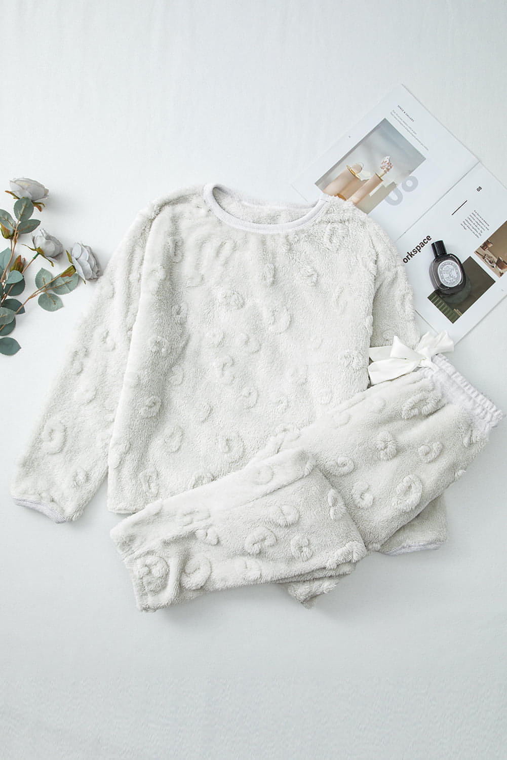 Light grey leopard textured fleece lounge set from Carmine Juneberry with a loose fit, ideal for cozy gifts.