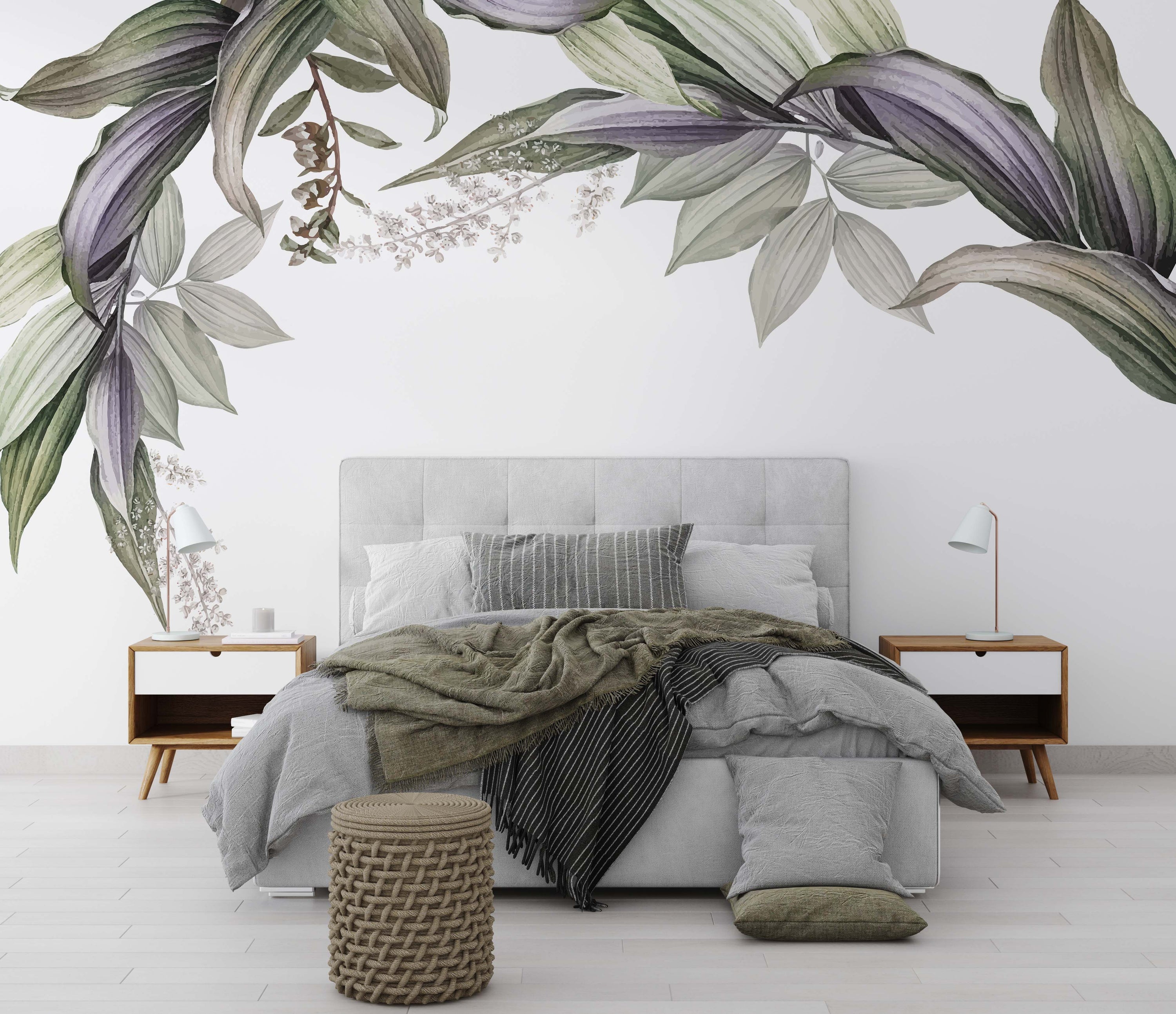 Green Tulsi banana leaf botanical wallpaper mural in a bedroom, featuring lush green leaf patterns for a natural home decor accent.