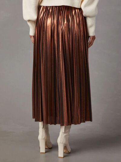 Taupe Oliver pleated midi skirt for women, luxury designer autumn skirt with a flowy, elegant silhouette in a stylish midi length.