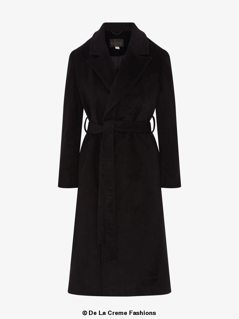 Rose Eleusis belted longline duster coat for 2024, stylish and warm outerwear shown in this image.