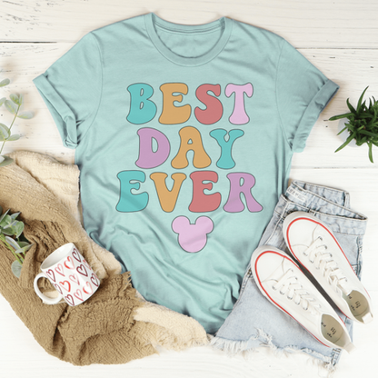 Heather Prism Dusty Blue Best Day Ever Tee by Jade Thalassa, soft cotton T-shirt with peachy Sunday design.