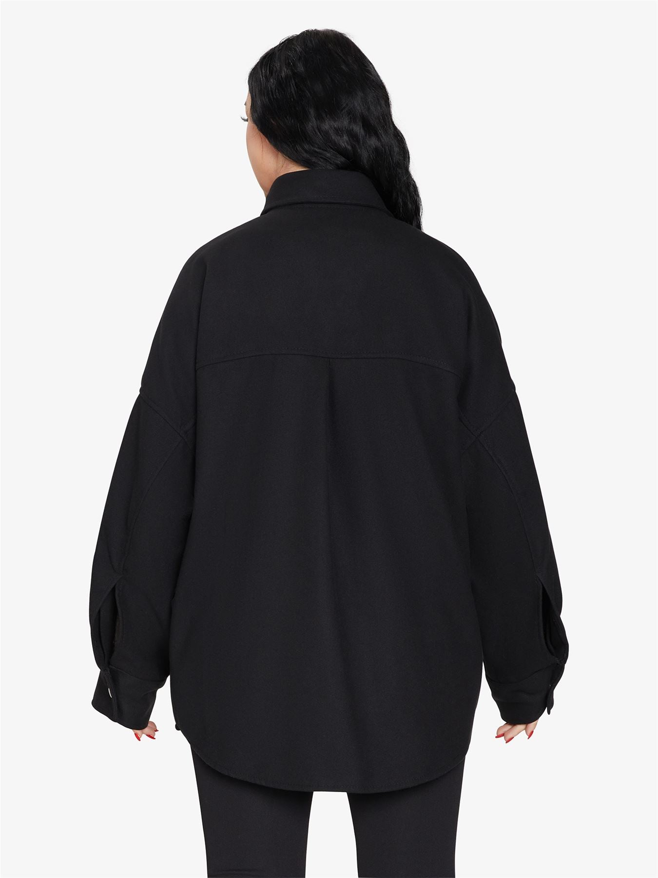 Rose Eleusis oversized patch pocket shacket featuring a relaxed fit, button closure, and stylish patch pockets in a versatile jacket design.