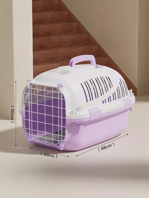 Portable ventilated pet carrier travel cage by Pear Daisy, with mesh sides and secure door for small pets.