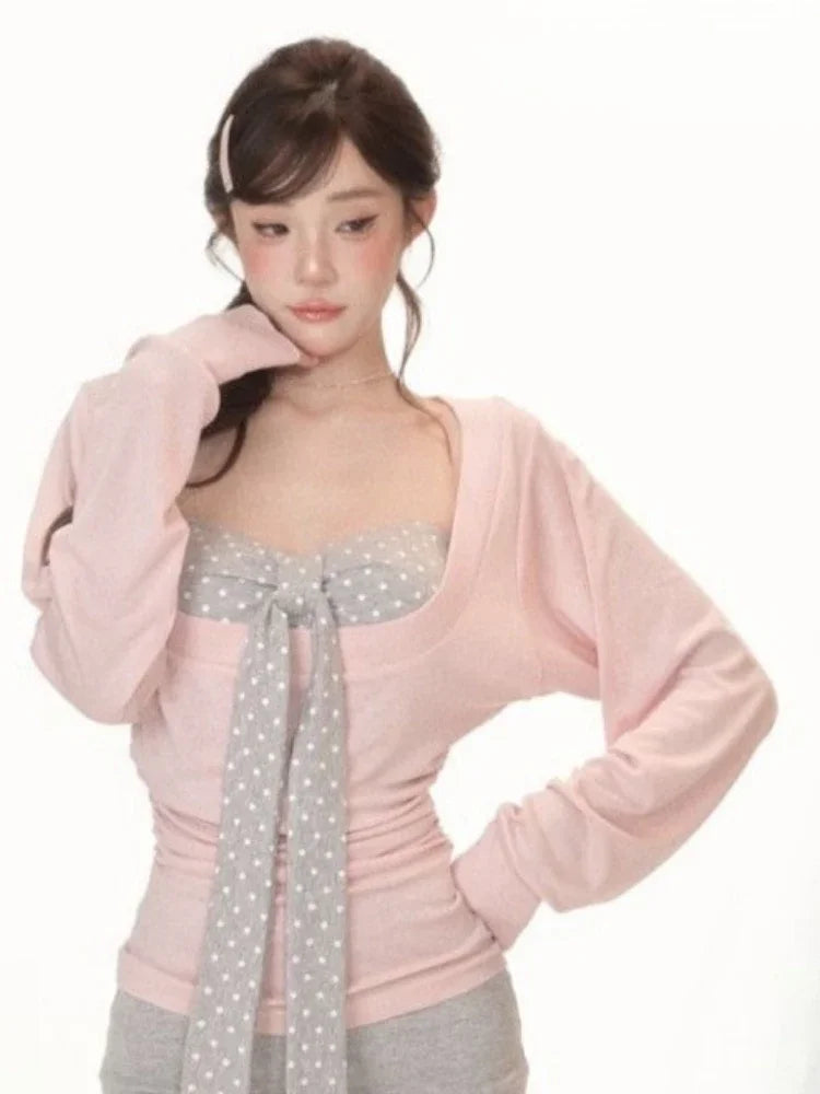 Y2K two-piece set with pleated top and polka dot strapless vest, fairy grunge style, by Start2Finish.