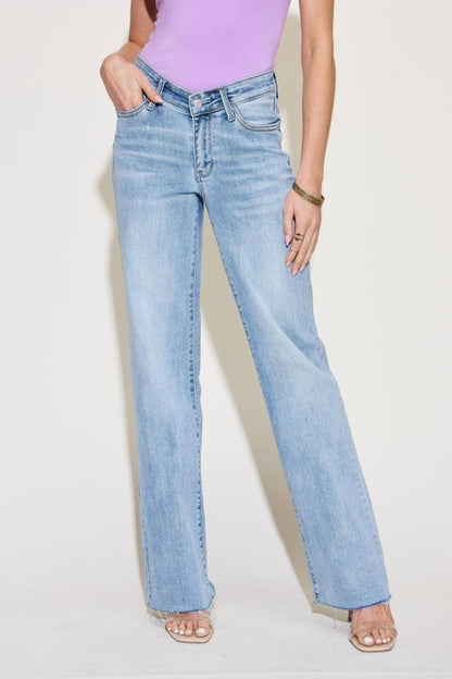 Carmine Juneberry Judy Blue full-size v-front waistband straight jeans, showcasing classic denim with a sleek fit and straight leg style.